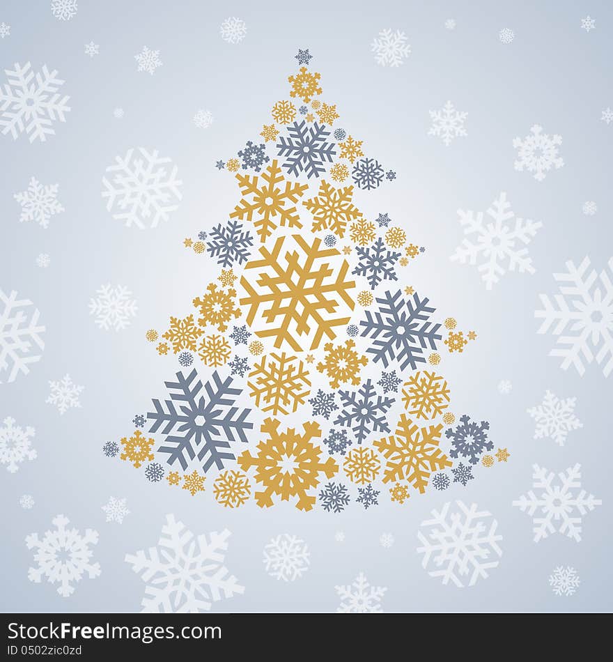 Christmas silver and gold snowflakes tree on grey background. Christmas silver and gold snowflakes tree on grey background