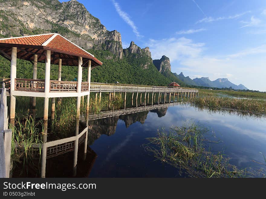 Classic wooden walkway on the lake in national park, Sam Roi Yod in Thailand