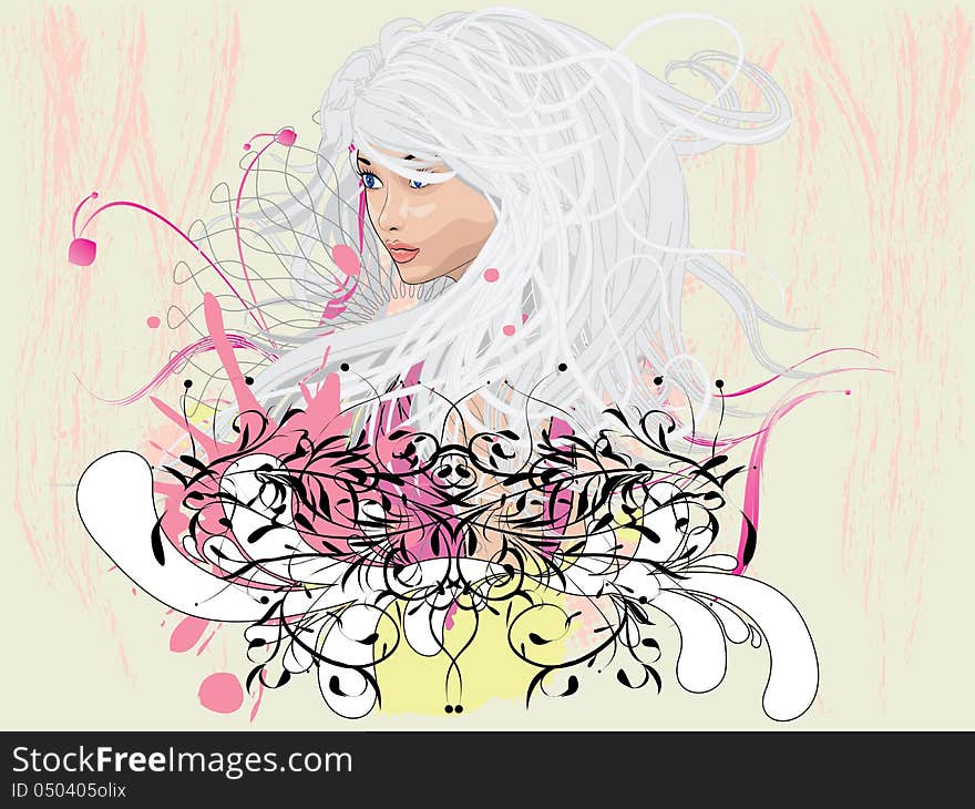 Illustration of abstract creative fashion portrait of white hair girl with floral. Illustration of abstract creative fashion portrait of white hair girl with floral.