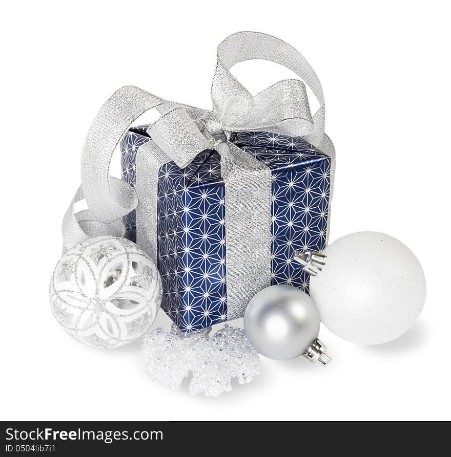 Gift box with christmas balls and snowflakes on a white background. Gift box with christmas balls and snowflakes on a white background