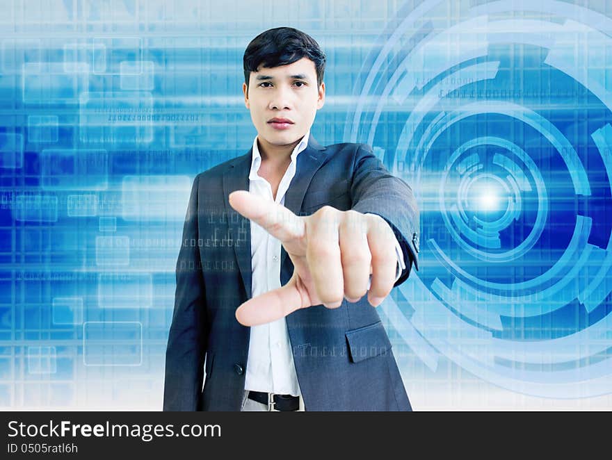 Businessman With Hand Gesturing in Technology Background. Businessman With Hand Gesturing in Technology Background