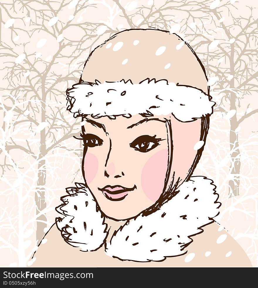 Vector hand drawn illustration of winter girl. Vector hand drawn illustration of winter girl