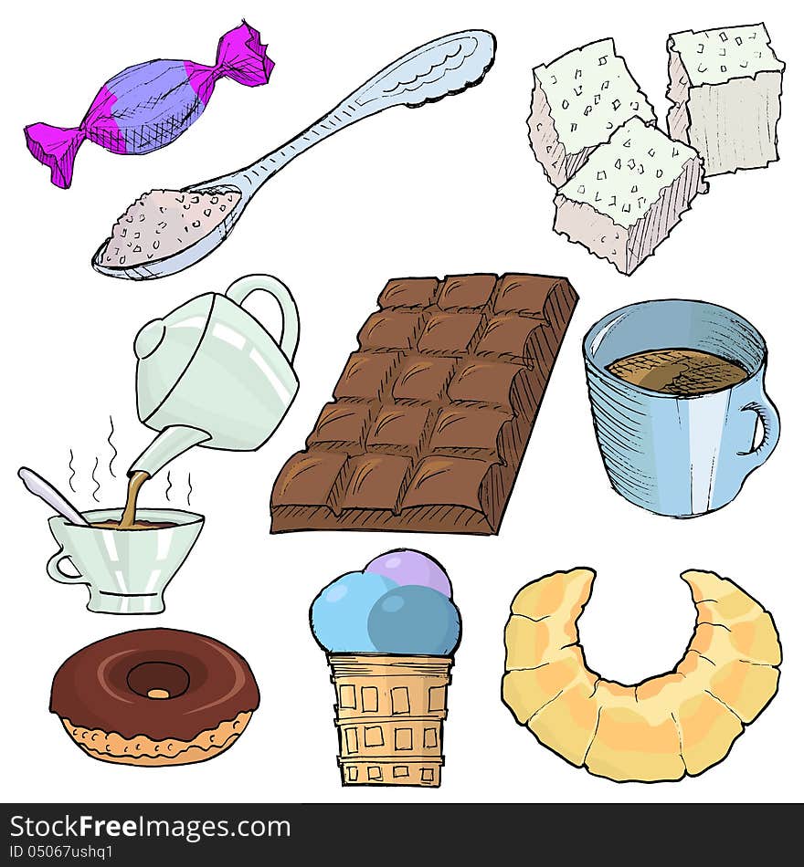 Set of illustrations of sweet food and drinks