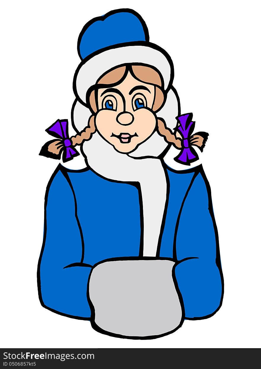 Hand drawn, , cartoon illustration of snowgirl