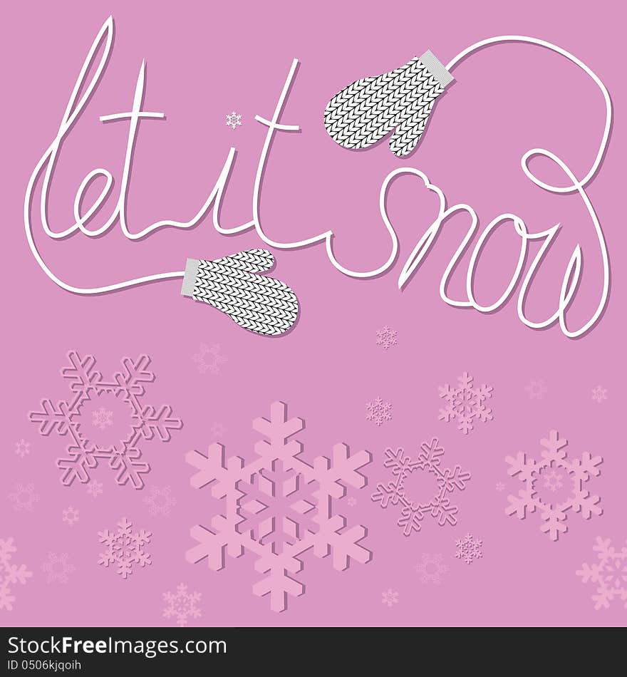 Christmas and New Year card with gift mittens. Vector illustration pattern with snowflakes. Winter background with concept of recreation and vacation. Abstract ornament for print and web.