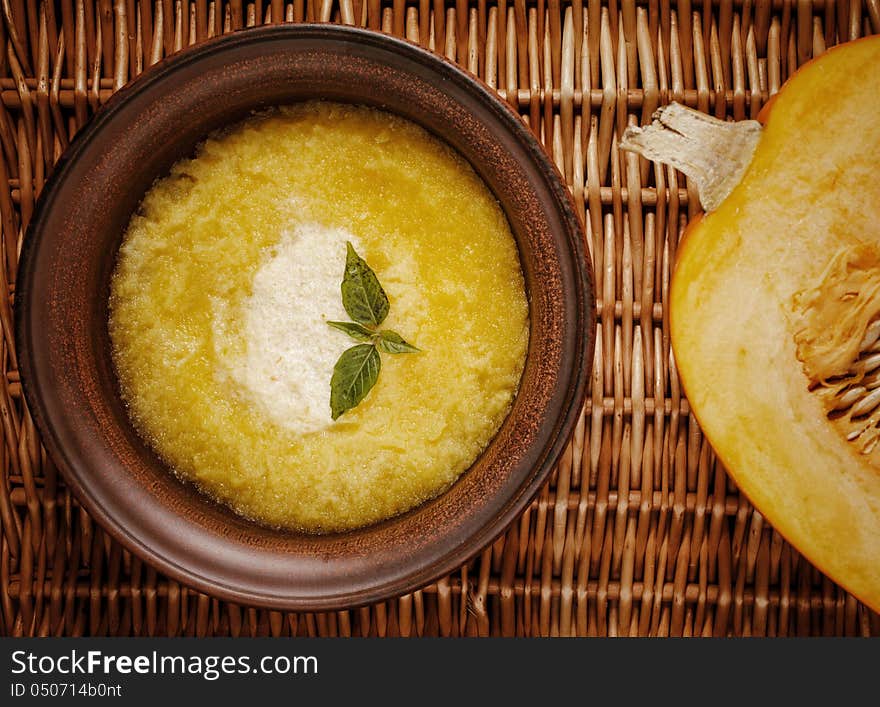 Pumpkin soup with pumpkin look from above