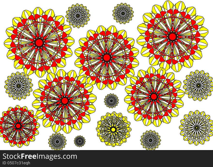 The Modern floral petalled intricate abstract design on a white background is in yellow and red and ideal for wallpapers and backgrounds with an unusual theme. The Modern floral petalled intricate abstract design on a white background is in yellow and red and ideal for wallpapers and backgrounds with an unusual theme.