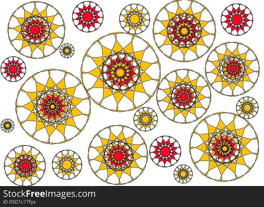 The Modern bright floral petalled intricate abstract design on a white background is in yellow and red and ideal for wallpapers and backgrounds with an unusual geometric theme. The Modern bright floral petalled intricate abstract design on a white background is in yellow and red and ideal for wallpapers and backgrounds with an unusual geometric theme.