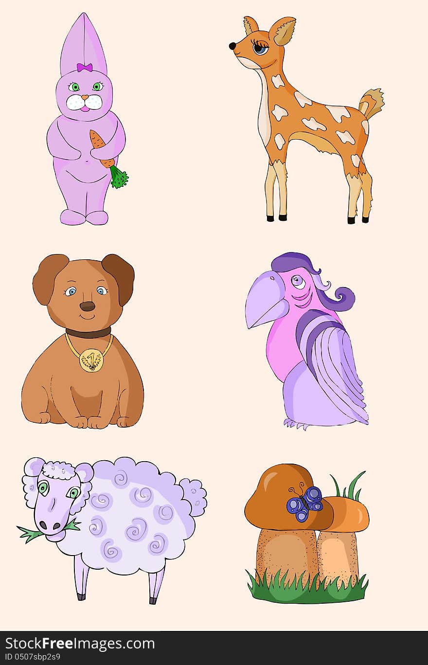 The six cartoon animals isolated on the pink background