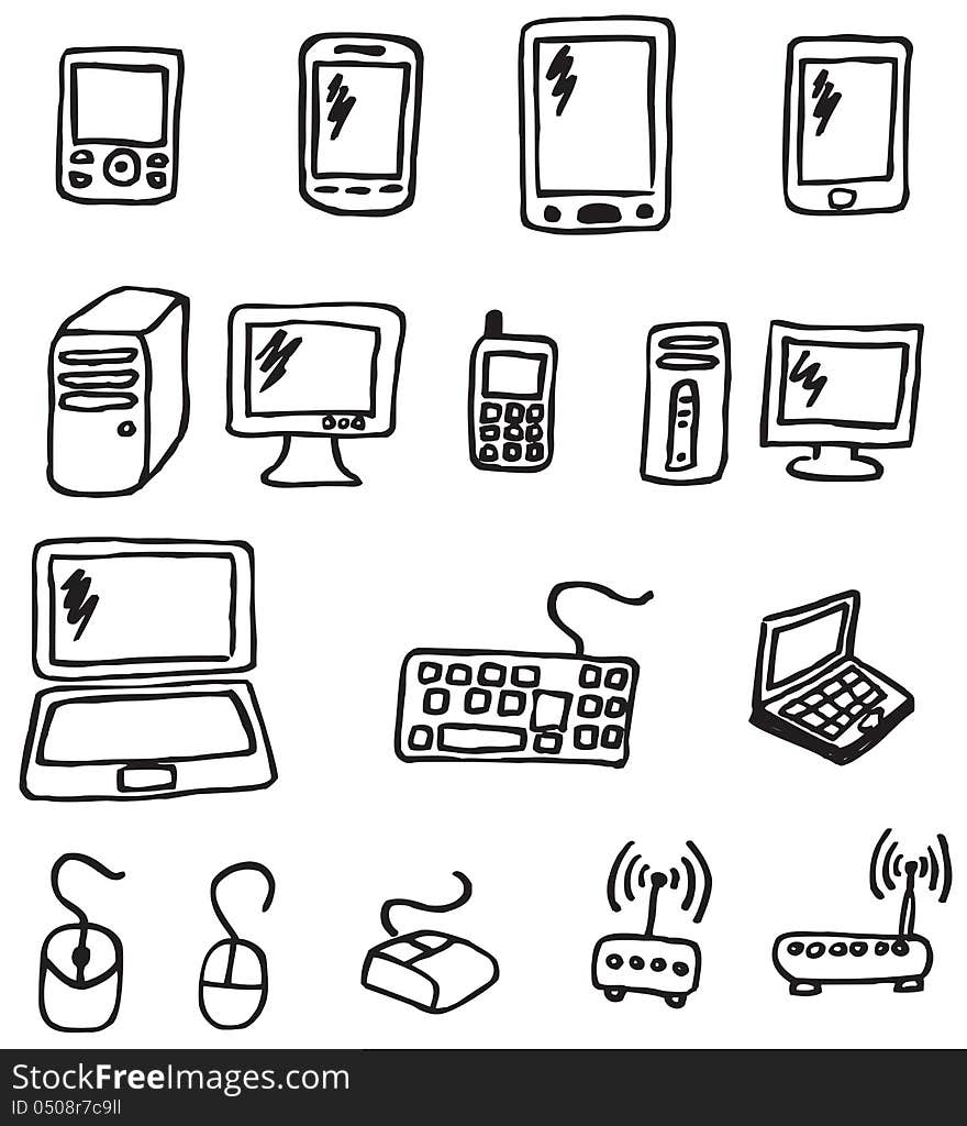 Icons set of hand drawn electronics equipment. Icons set of hand drawn electronics equipment