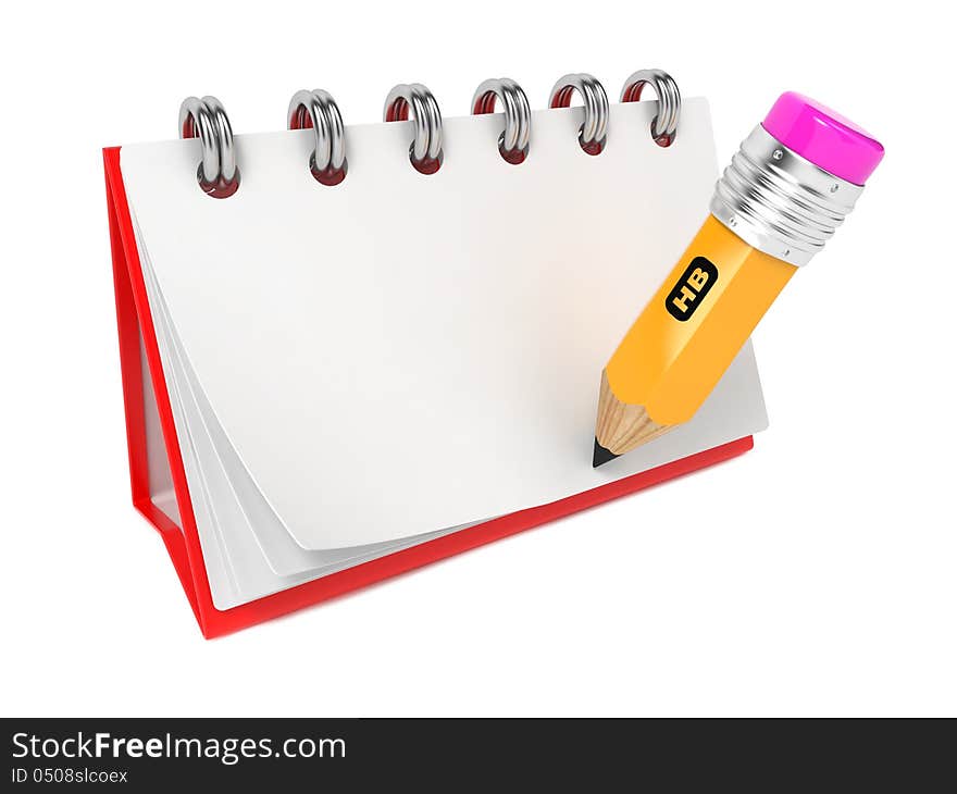 Open Blank Desktop Notebook with Pencil. Isolated on White. Open Blank Desktop Notebook with Pencil. Isolated on White.