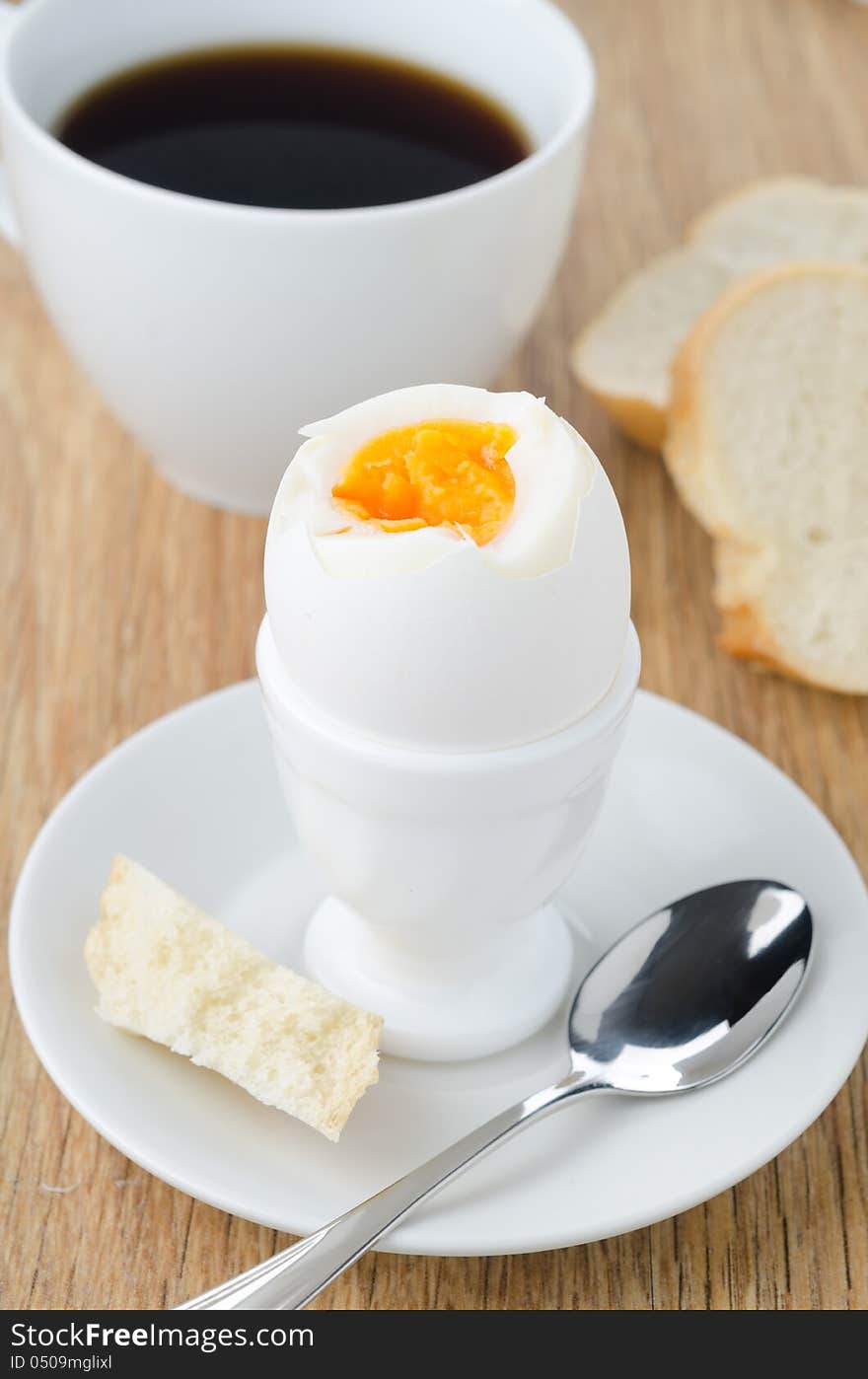 Boiled eggs, bread and coffee