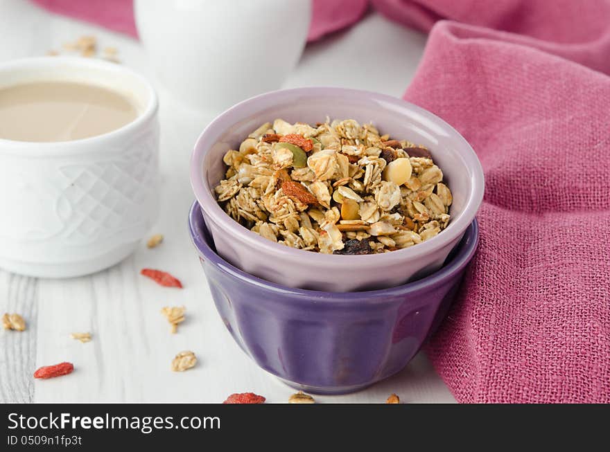 Homemade granola with goji berries in a bowl horizontal