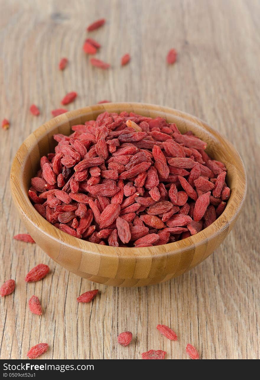 Wooden bowl with goji berries on the table