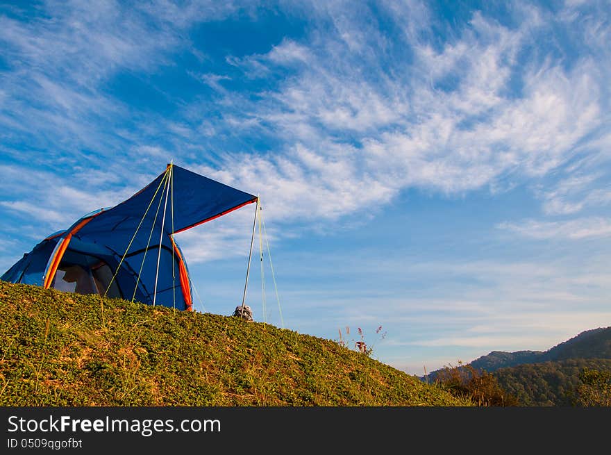 Blue tent on the mountain. Blue tent on the mountain