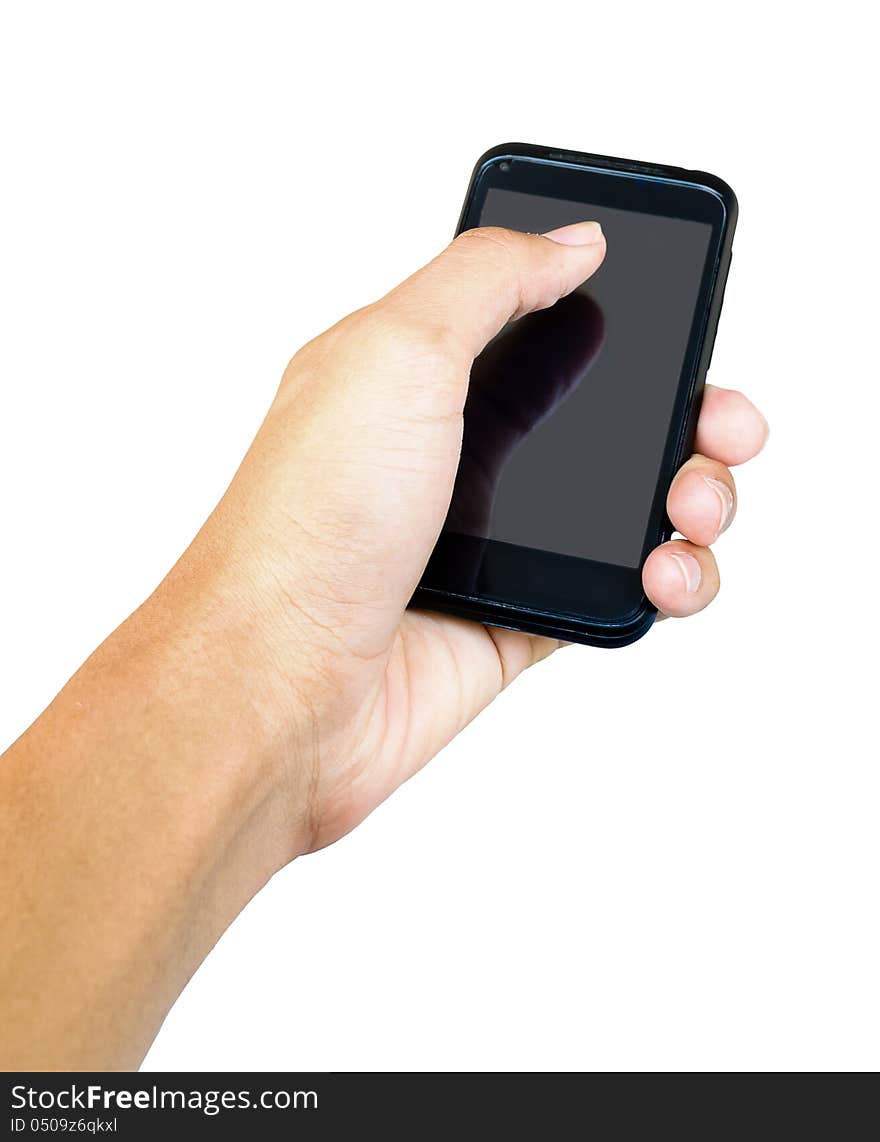 Touch screen mobile phone, in hand on white background