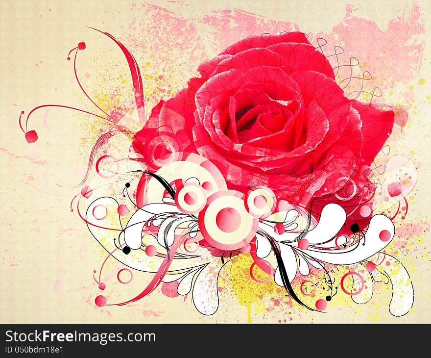 Illustration of big red rose with floral elements background. Illustration of big red rose with floral elements background.