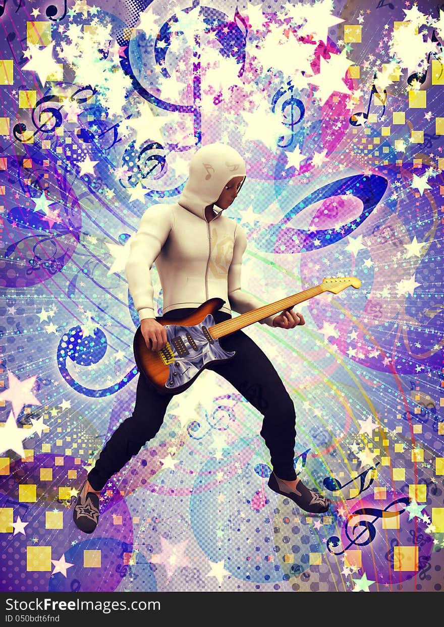 Illustration of funky guitarist colorful music background.