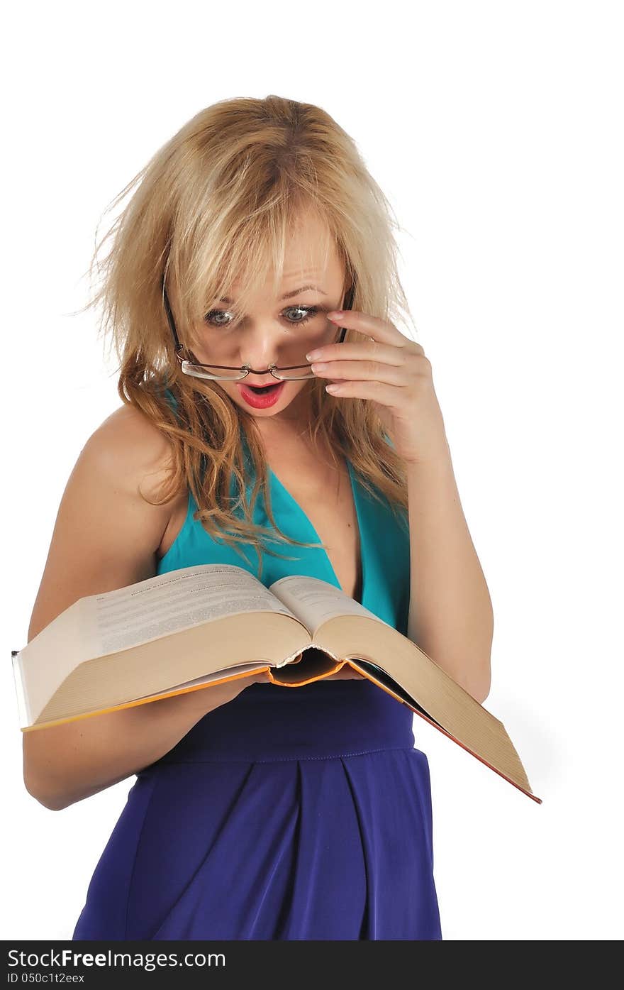 Young woman with glasses and book prepare for the session. Isolated on white.