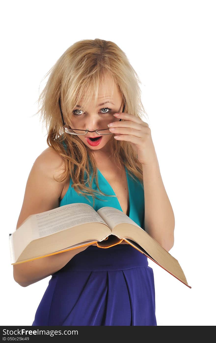 Young woman with glasses and book prepare for the session. Isolated on white.