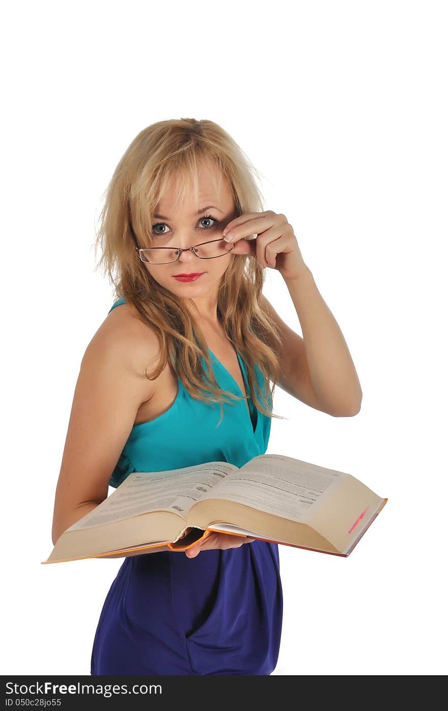 Young woman with glasses and book prepare for the session. Isolated on white.