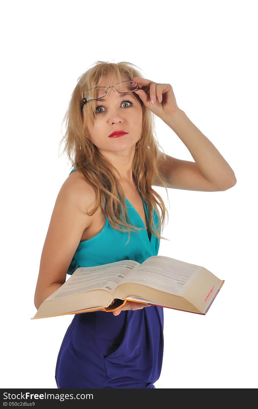 Young woman with glasses and book prepare for the session. Isolated on white.