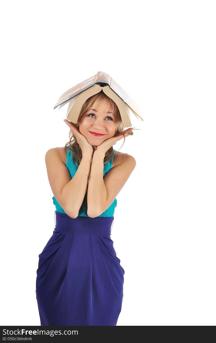 Young woman with glasses and book prepare for the session. Isolated on white.