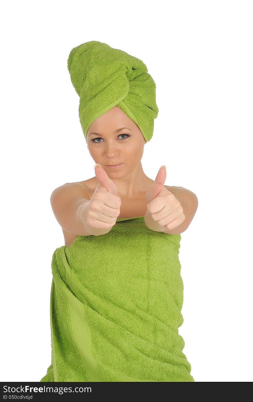 Spa Girl. Beautiful Young Woman After Bath with green towel. isolated on white.