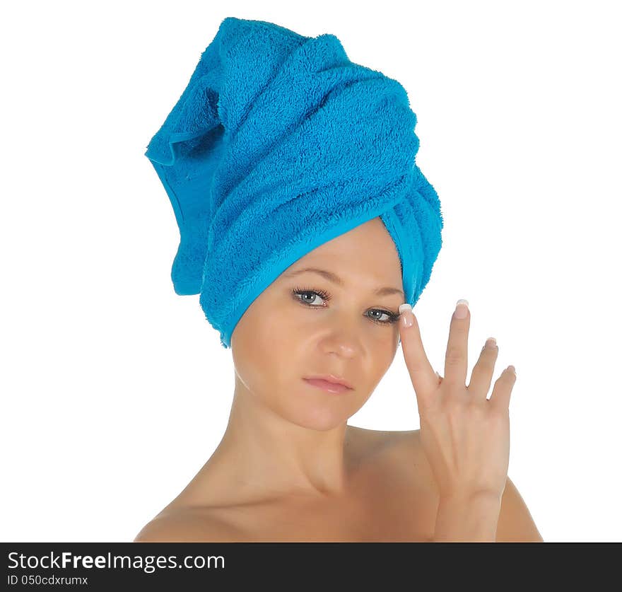 Spa Girl. Beautiful Young Woman After Bath with blue towel. isolated on white.