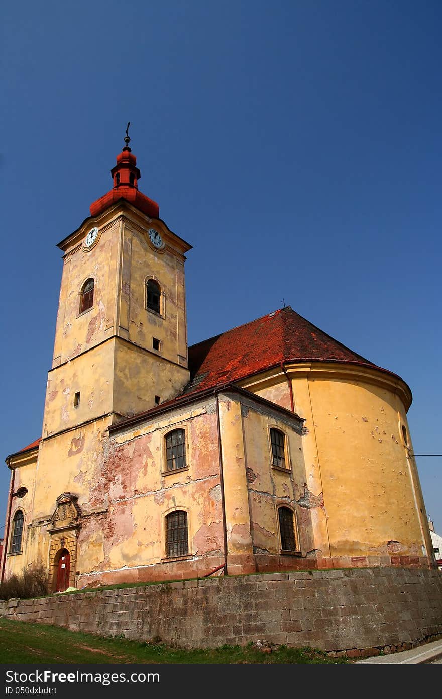 Old neglected church in a small town in Czech Republic