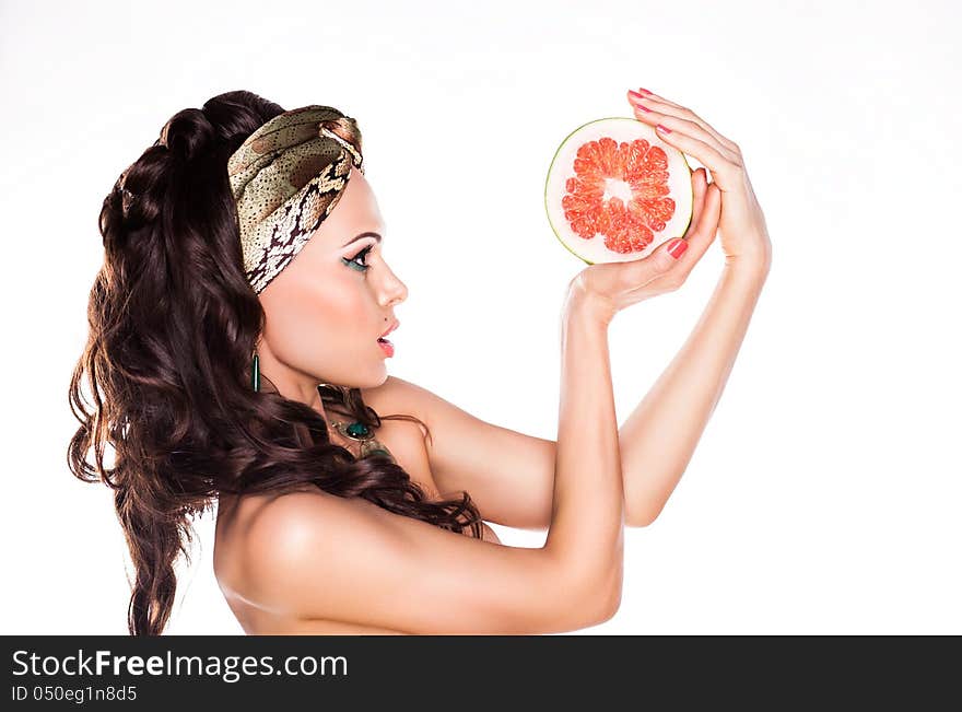 Beauty Young Woman Brunette Preferring Low Calorie Food - Citrus