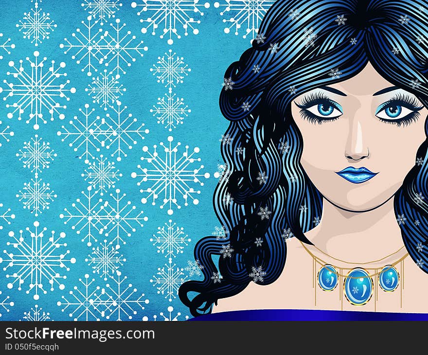 Illustration of abstract winter girl on snowflake texture background. Illustration of abstract winter girl on snowflake texture background.