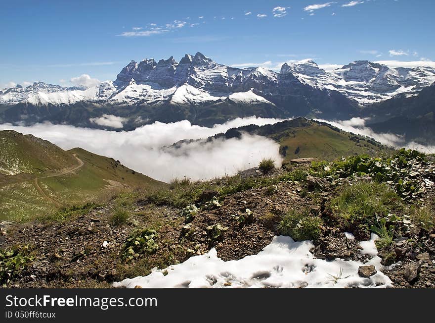 Morning fog in the Swiss Alps