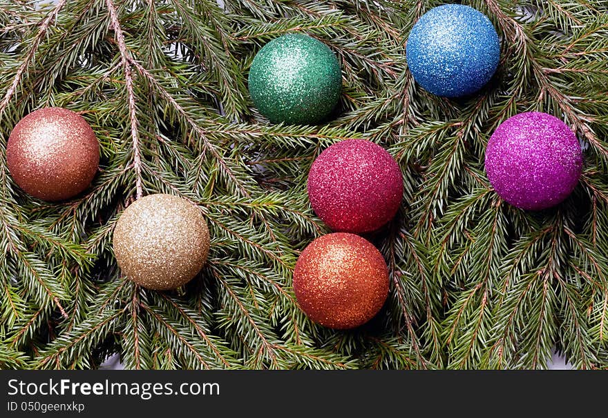 Colored balls are on the fir trees.