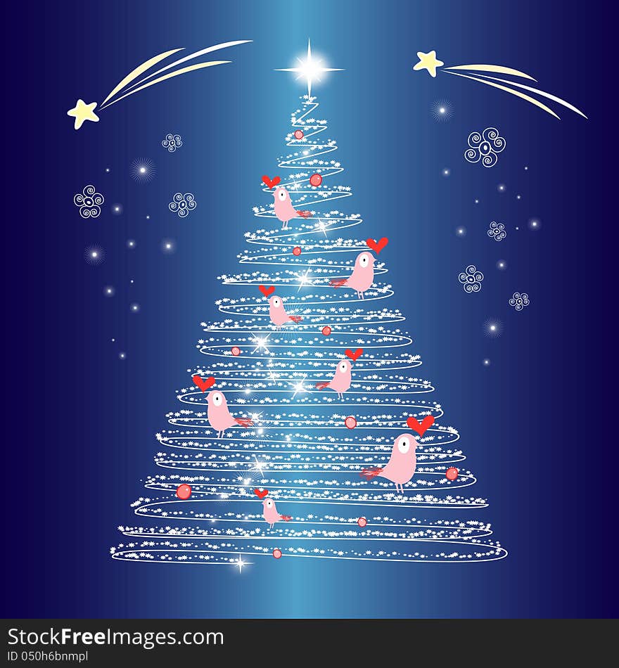 Luxury Christmas tree with birds on a blue background. Luxury Christmas tree with birds on a blue background