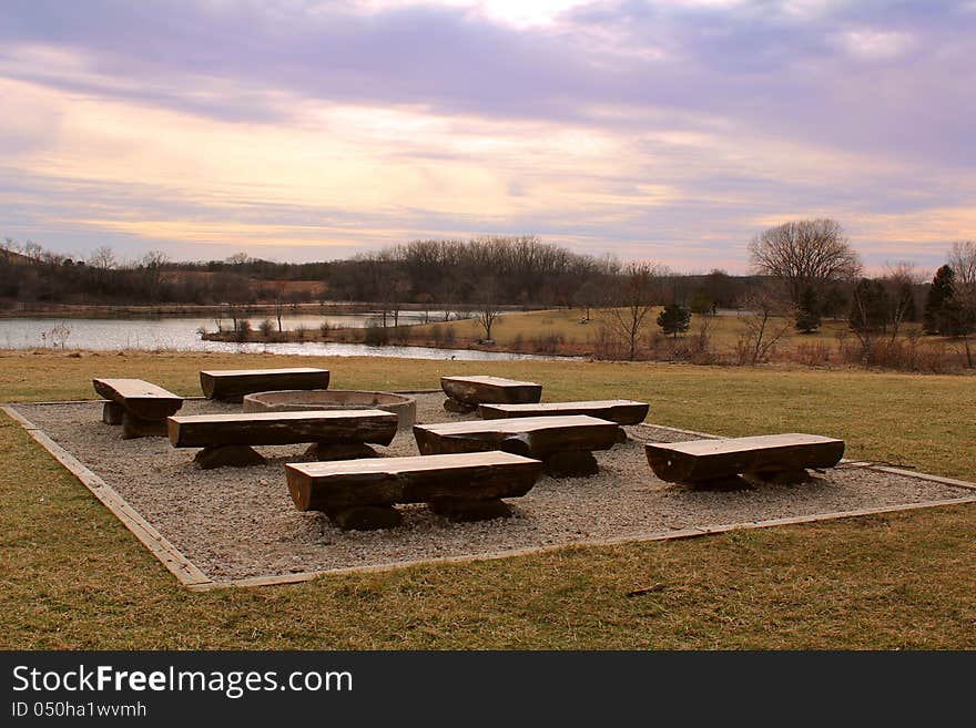 Forest preserve area with picnic benches