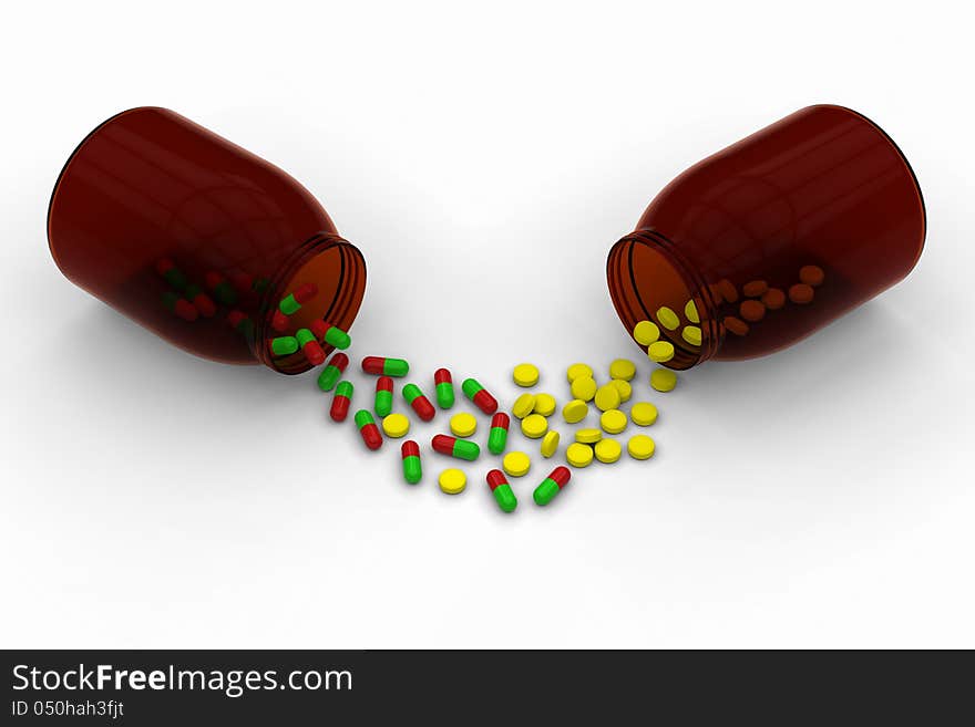 3D model of red green capsules and yellow pills are spilled from a brown transparent bottles. 3D model of red green capsules and yellow pills are spilled from a brown transparent bottles