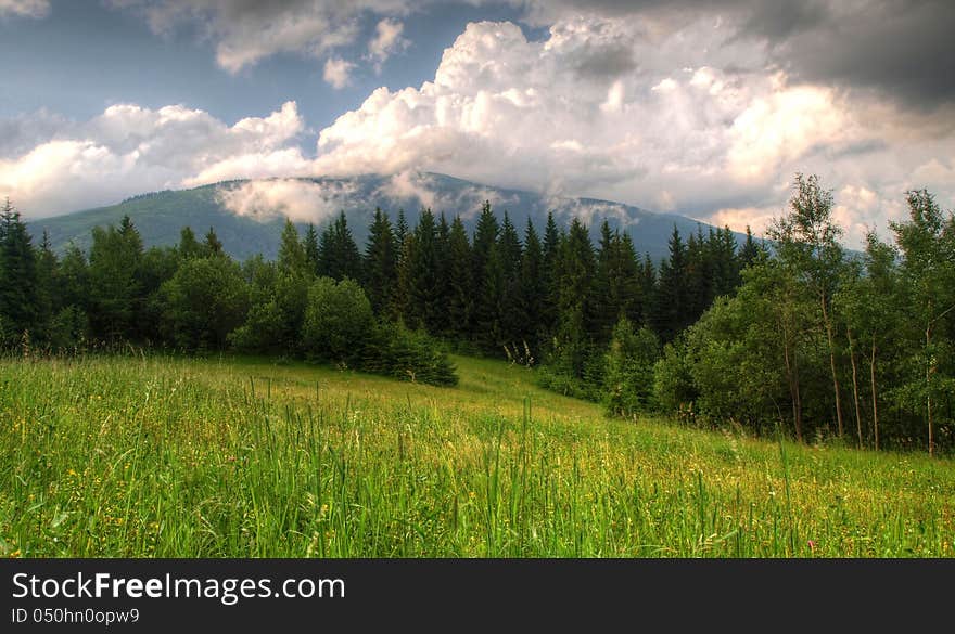 Wide-angle shot of a meadow under Babia hora mountain, at the border between Slovakia and Poland. Wide-angle shot of a meadow under Babia hora mountain, at the border between Slovakia and Poland.