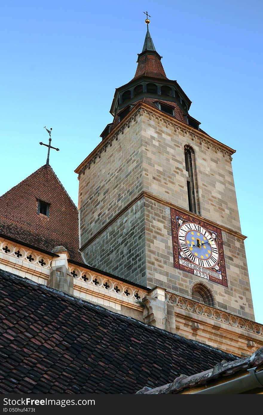 Clock Tower of the Black Church of the Transylvanian city of Brasov, Romania (built ca. 1380). Clock Tower of the Black Church of the Transylvanian city of Brasov, Romania (built ca. 1380).