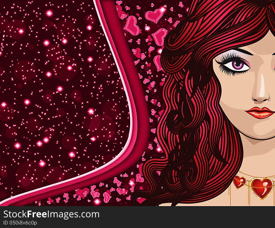 Illustration of red haired girl with hearts on valentine background. Illustration of red haired girl with hearts on valentine background.