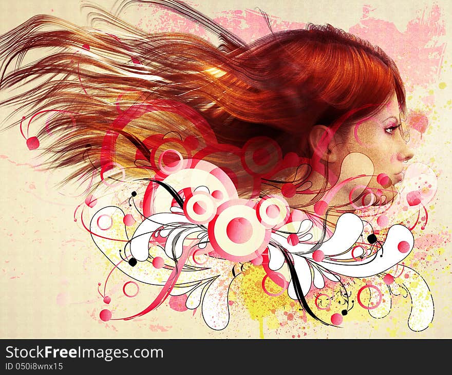 Abstract illustration of girl with long brown hair on floral background. Abstract illustration of girl with long brown hair on floral background.