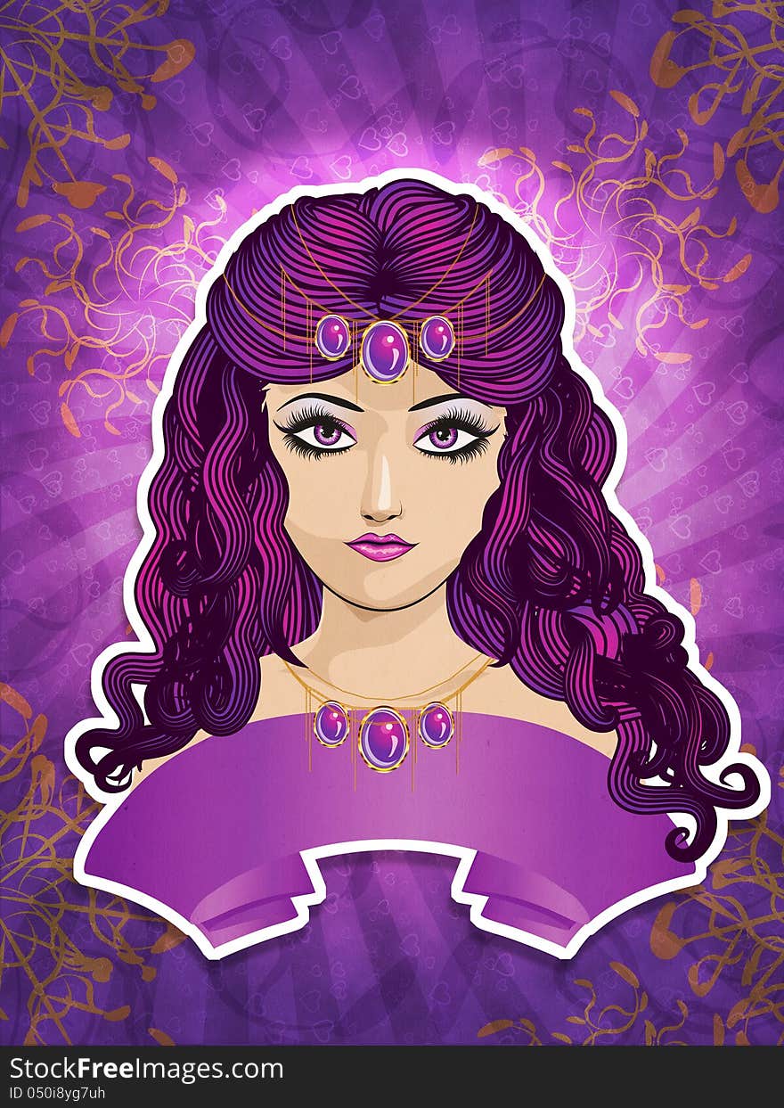 Illustration of a girl with purple hair and ribbon on colorful background. Illustration of a girl with purple hair and ribbon on colorful background.