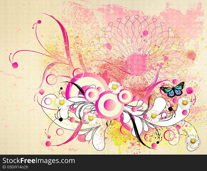 Illustration of grunge floral background with flowers and butterfly. Illustration of grunge floral background with flowers and butterfly.