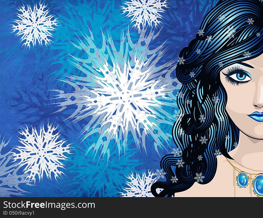 Illustration of abstract winter girl on snowflake texture background. Illustration of abstract winter girl on snowflake texture background.