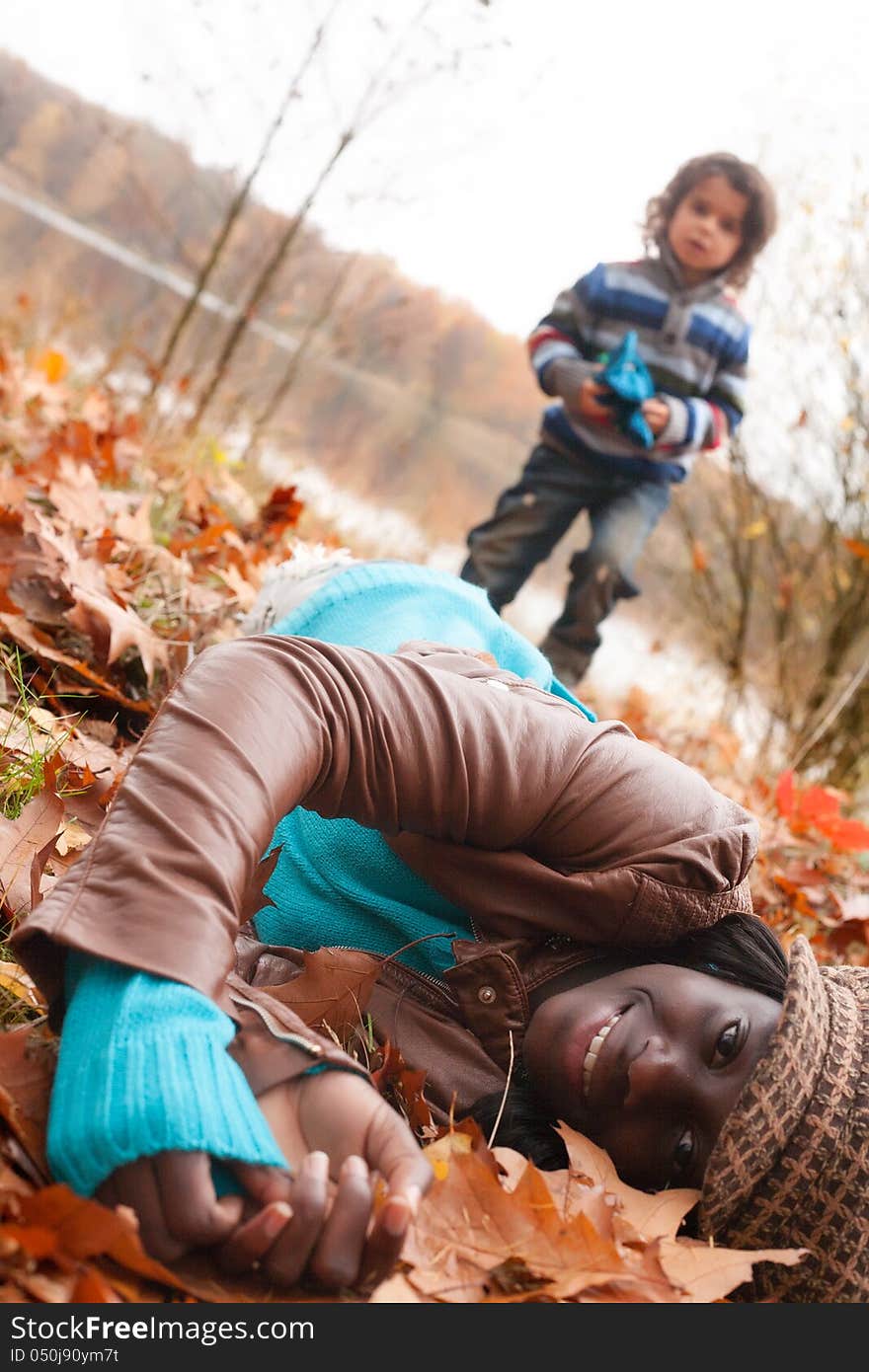 Happy foster children in the forest are having fun. Happy foster children in the forest are having fun