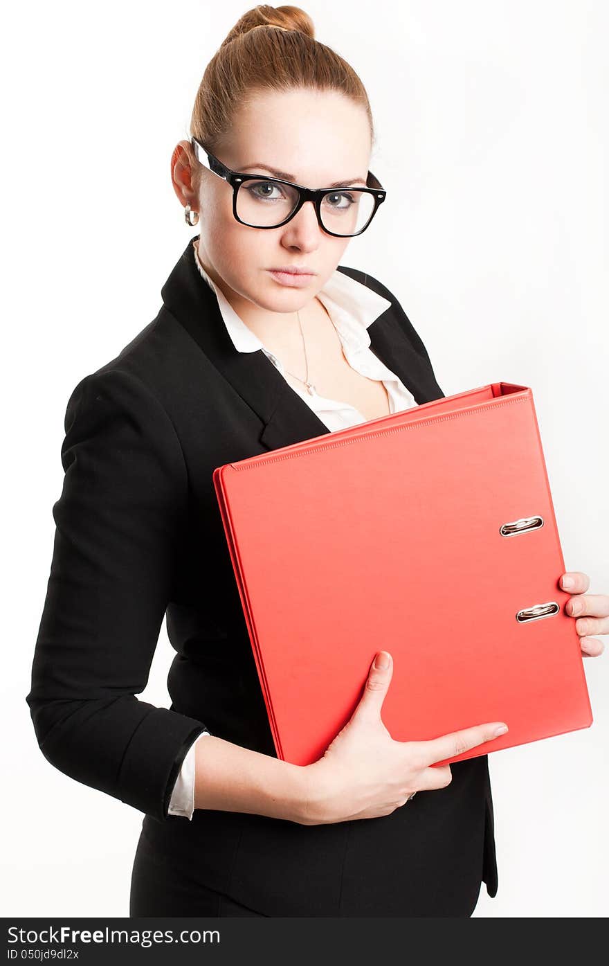 Business woman with folders on a light background