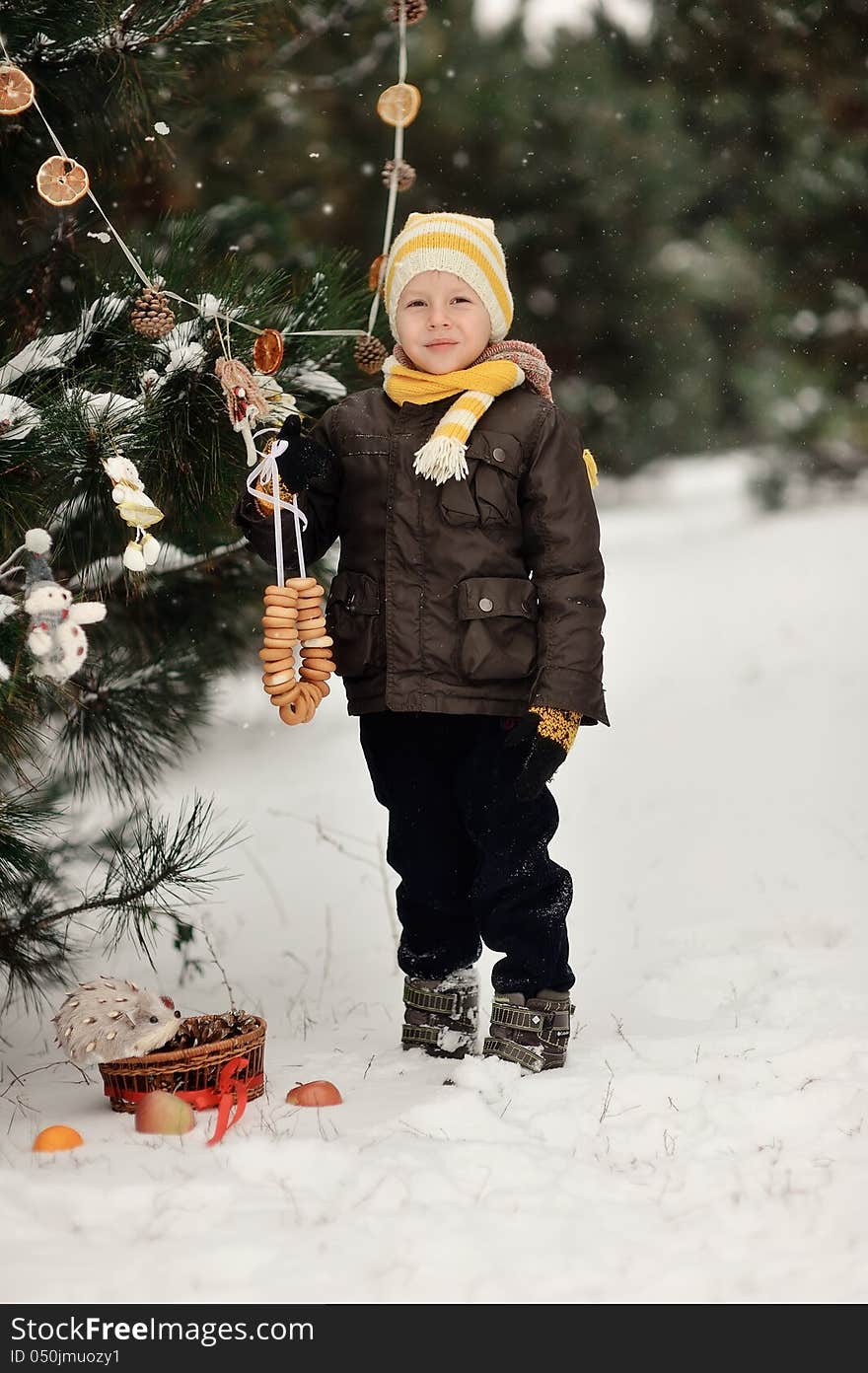 In the forest boy decorates a Christmas tree toys. In the forest boy decorates a Christmas tree toys