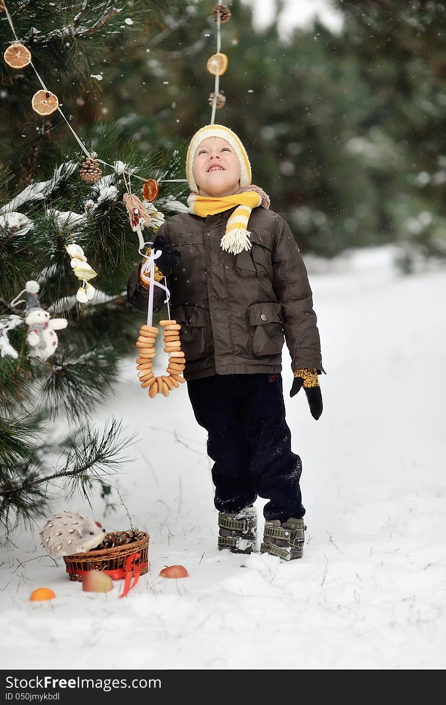 In the forest boy decorates a Christmas tree toys. In the forest boy decorates a Christmas tree toys