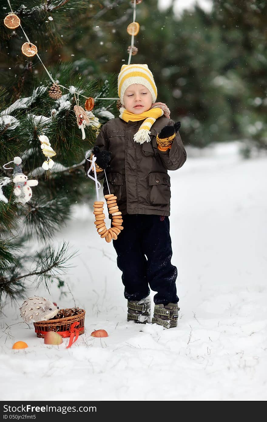 In the forest boy decorates a Christmas tree toys. In the forest boy decorates a Christmas tree toys