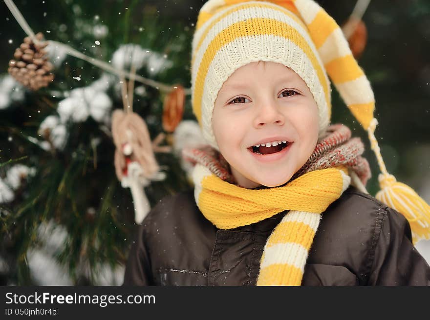 Portrait of a boy in a cap on a background of winter trees. Portrait of a boy in a cap on a background of winter trees